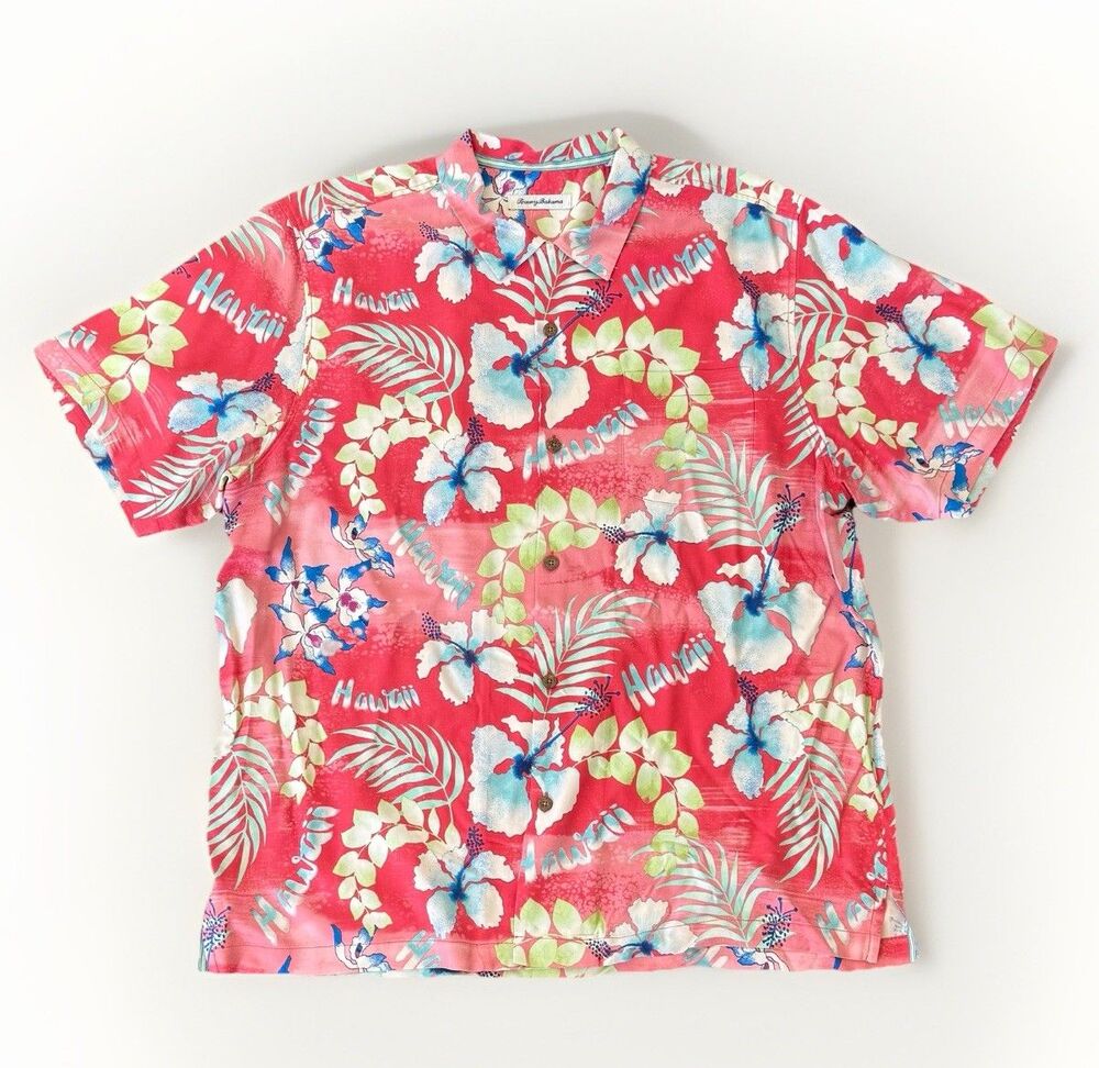 Tommy Bahama  Men's XL Red Hawaiian Tropical Floral Print S/S Silk Shirt EUC